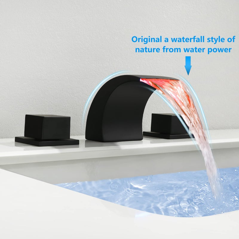 SKOWLL Matte Black Waterfall Bathroom Faucet, LED 8 Inch Widespread Bathroom Faucet 3 Hole, Modern Waterfall Vanity Sink Faucets with 2 Knobs - Image 5